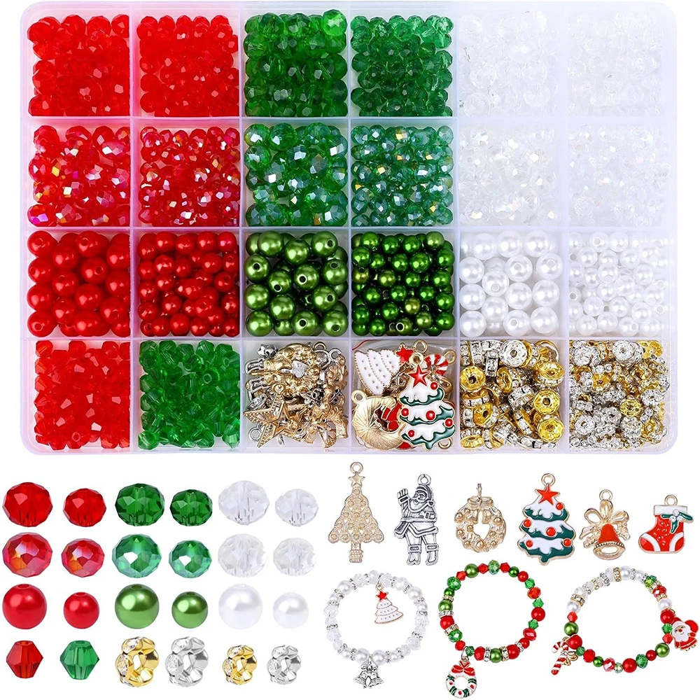 

1000Pcs Christmas Crystal Bead Kit Pearl Beads Glass Beads Jewelry Making Kit Pendants Spacer Beads Christmas Crafts