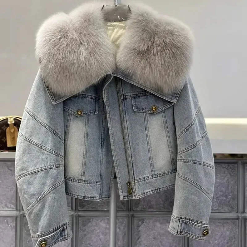 Autumn 2024 Winter New Faux Fox Fur Denim Fur Jacket Women\'s Short Overcoat Fashion Loose Warm Parker Coat Short Cotton jacket