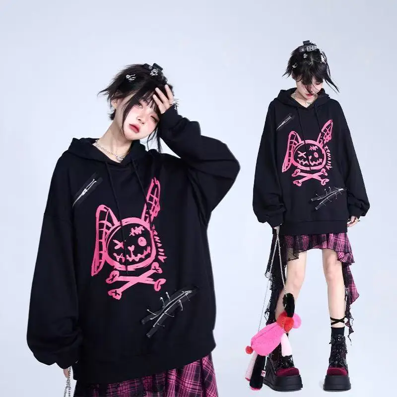 Best-selling Rabbit Graffiti Personalized Print Pullover for Couples Loose-fitting Wi A Hood Spring Autumn Lightweight Top Shirt