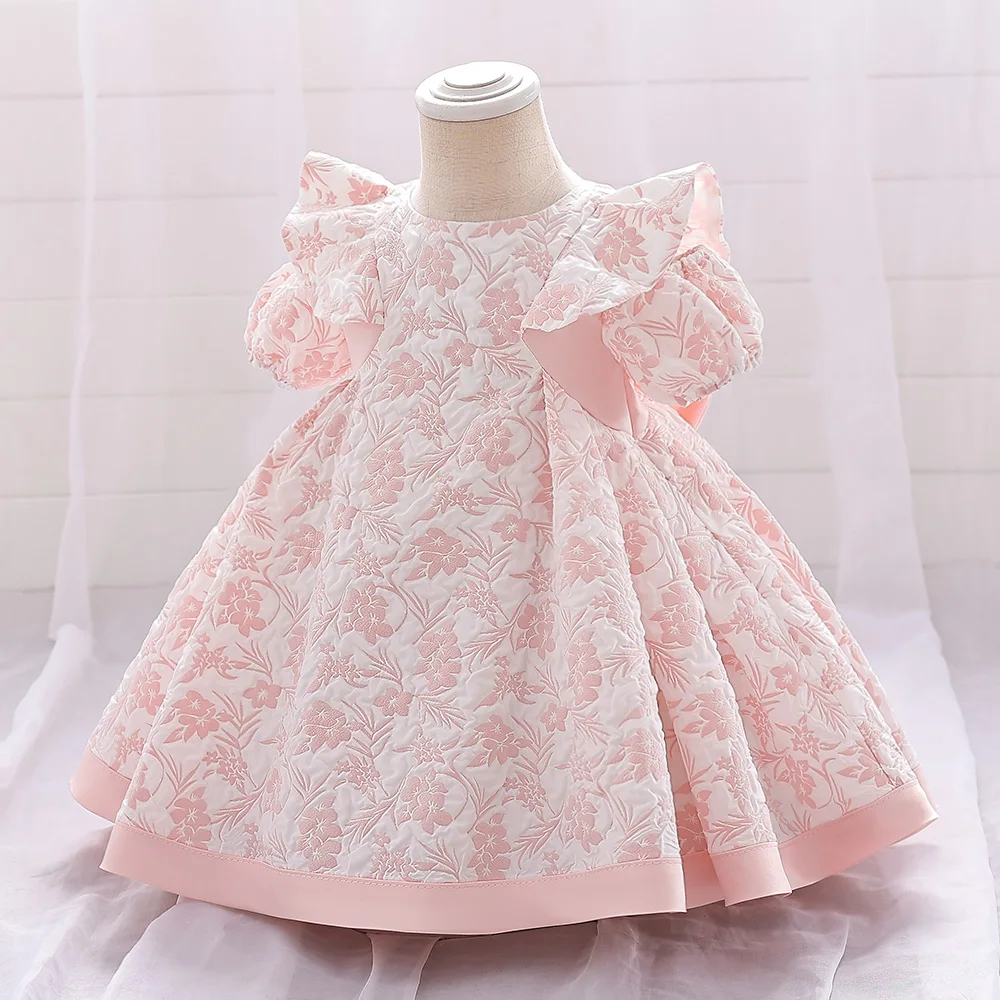 Baby Girls Summer Princess Dress Pink Floral Infant Baby 1 Year Birthday Wedding Party Dresses Bow Toddler Girl Clothes 0-2Y