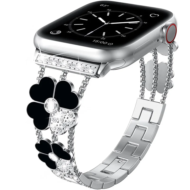 Pulsera de Metal con trébol de cuatro hojas para Apple Watch, correa de pulsera de cristal y Diamante, serie Ultra SE 9/8/7/6/5/4/3/2/1