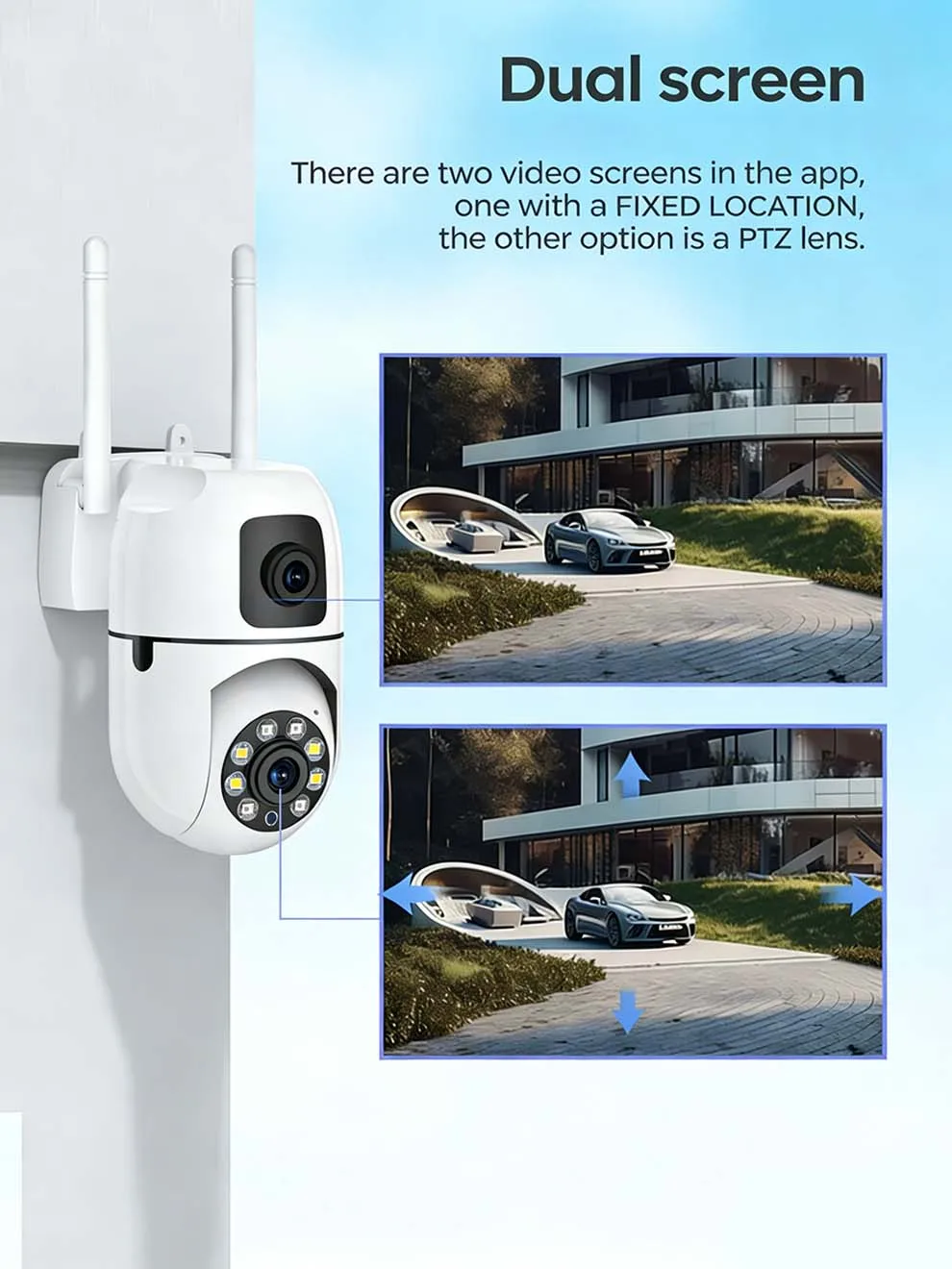 

8-мегапиксельная Wi-Fi PTZ-камера видеонаблюдения с двумя объективами, двумя экранами, цветным ночным видением, автоматическим отслеживанием и 5-кратным зумом