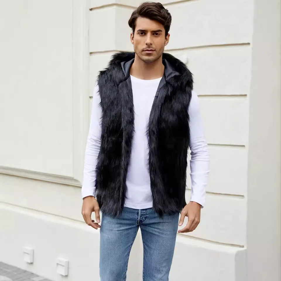 Men Hooded Vest V Neck Faux Fur Jackets Sleeveless Elegant Splice Vests Cardigan Hoodies Casual High Street Autumn Winter