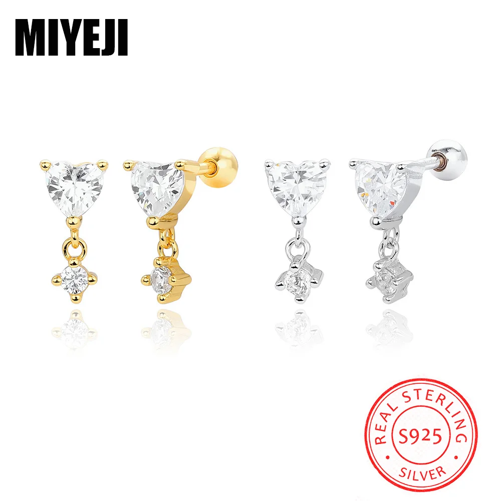MIYEJI Pure 925 Sterling Silver Inlaid Zircon Heart Bead Screw Tassel Mini Stud Earrings For Women Cute Daily Wear Fine Jewelry