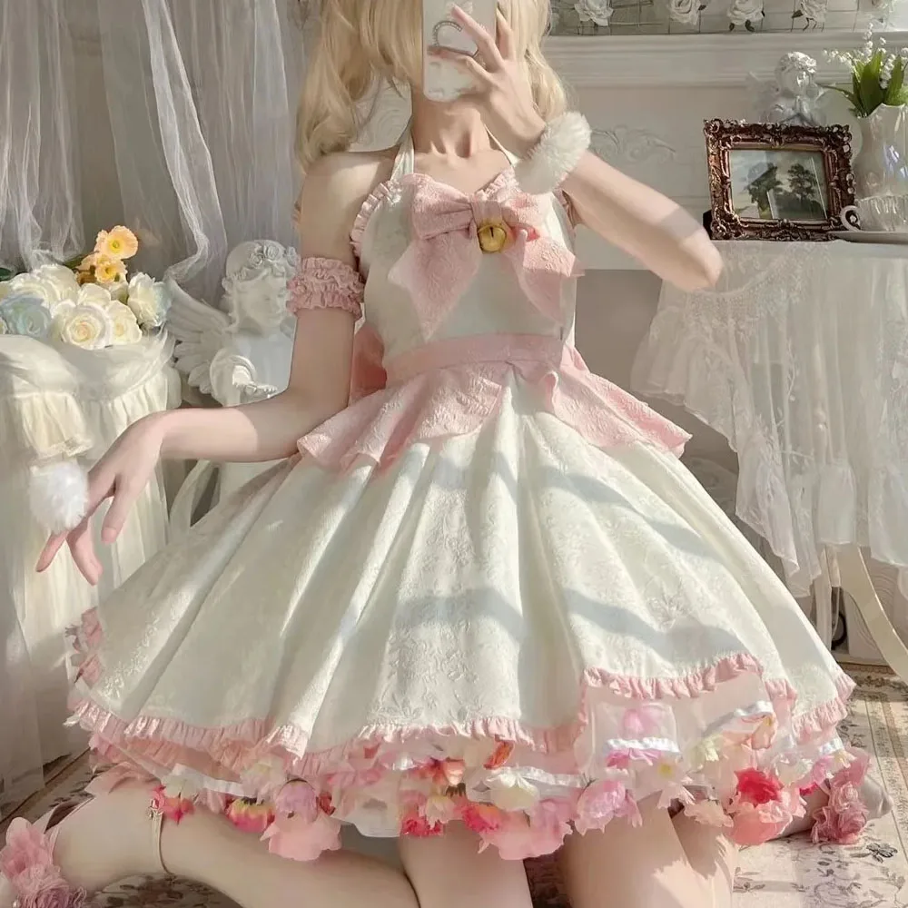 

Kawaii Girl Lolita Ruffle Bowknot Jacquard Neck Hanging Dress, JSK Cute Super Sweet Fairy Princess Dress, Sissy Maid Cosplay