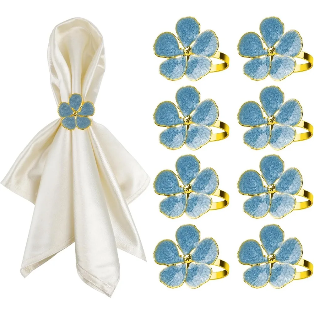 

Flower Napkin Rings Set of 8, Gold Fastening Ring, Bulk, Spring Party Banquet Rustic Dinner Table Decor, Metal Material（Blue）