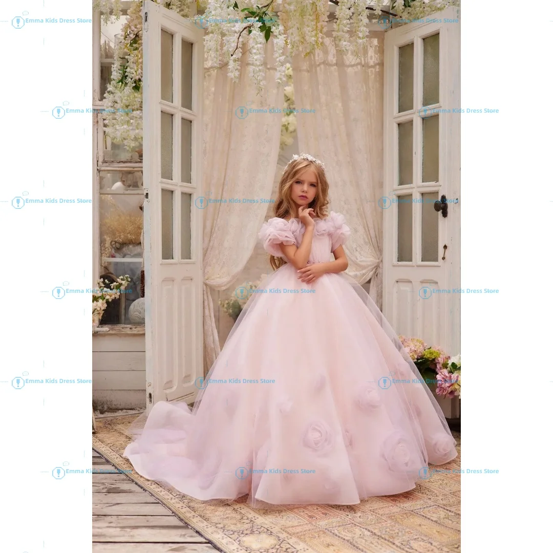 

Drois Custom Long Princess Flower Girl Dress Wedding Birthday Party Communion Exquisite 3D Flower Pink Lace Tulle Dress
