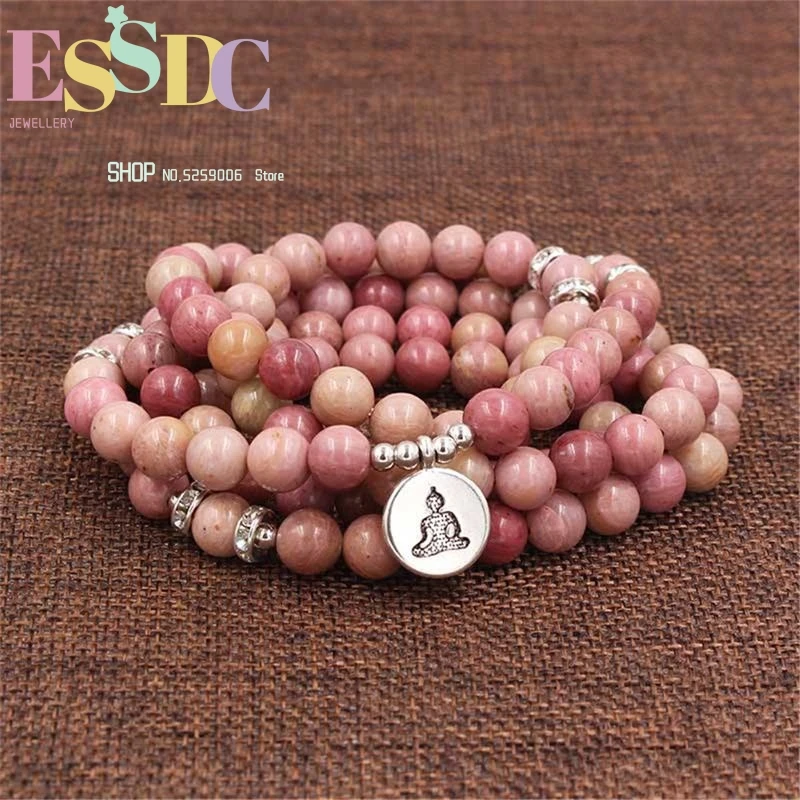 New 8mm Natural Rhodonite Women 108 Mala Stone Beads Lotus 3D Buddha Head Yoga Pendant Bracelet Healing Spiritual Gift