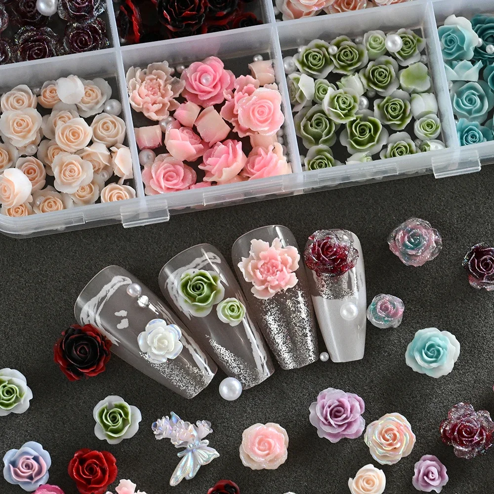 12 grilles en acrylique Rose camélia fleur avec perles Caviar perles breloques pour ongles 3D coloré camélia Nail Art décorations Y2K filles