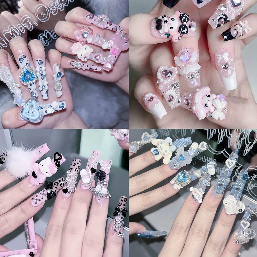 

Sanrio Cartoon Hello Kitty Cinnamoroll Handmade Press On Nails Kawaii Butterfly Star Shiny Diamond Detachable Fake Nails Gifts