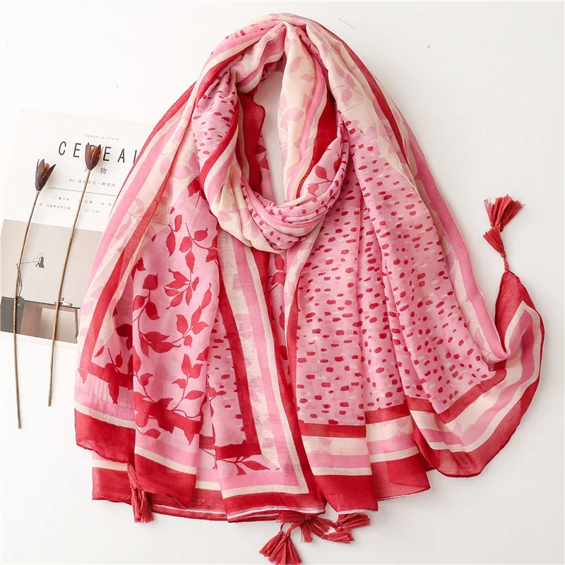 

2023 New Spring Dot And Leaf Pattern Tassel Scarf Shawls Women Soft Foulard Leaves Wrap Hijab Free Shipping