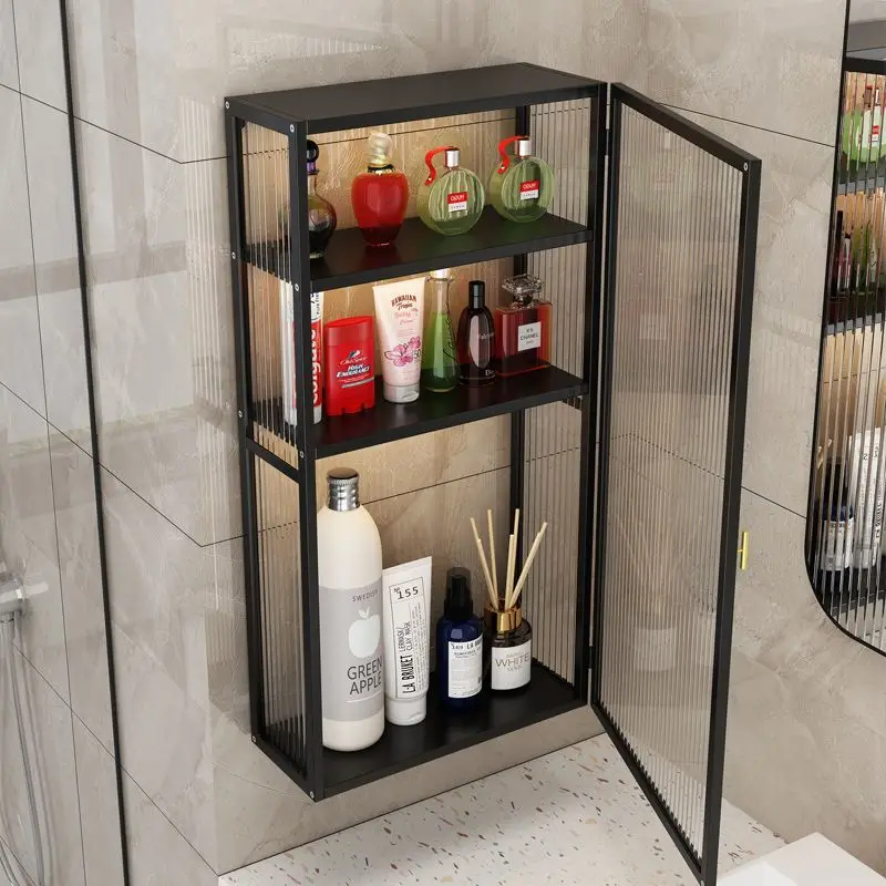 Bathroom wall mounted storage cabinet Punch free household wall with door seasoning transparent storage cabinet