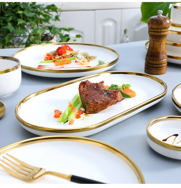 Nordic Creative Cutlery Set with Gold Edge White Ceramic Plate Set Bowl Set