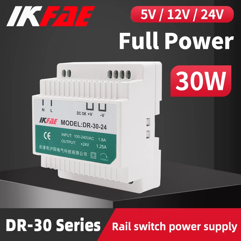 

DR-30 DIN Rail Switching Power Supply 30W Input 100-240V AC to DC 5V 12V 24V Output Industrial Electronics