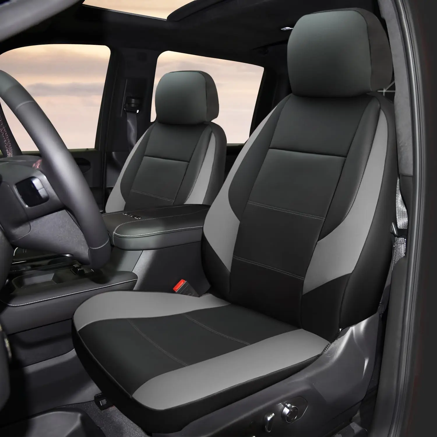 

Чехол на переднее автомобильное сиденье по индивидуальному заказу, защитные чехлы для сидений грузовика GMC 1500 2500 3500, искусственная кожа (серый + черный), 2 шт.