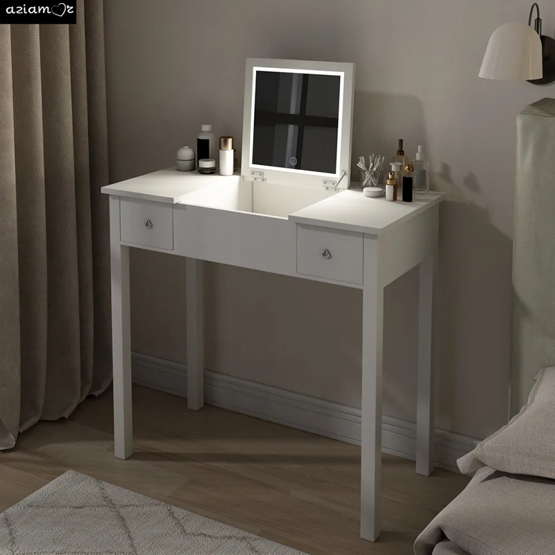 Chic White Vanity Table with LED Lights, Flip-Top Mirror and 2 Drawers, Jewelry Storage for Women Dressing