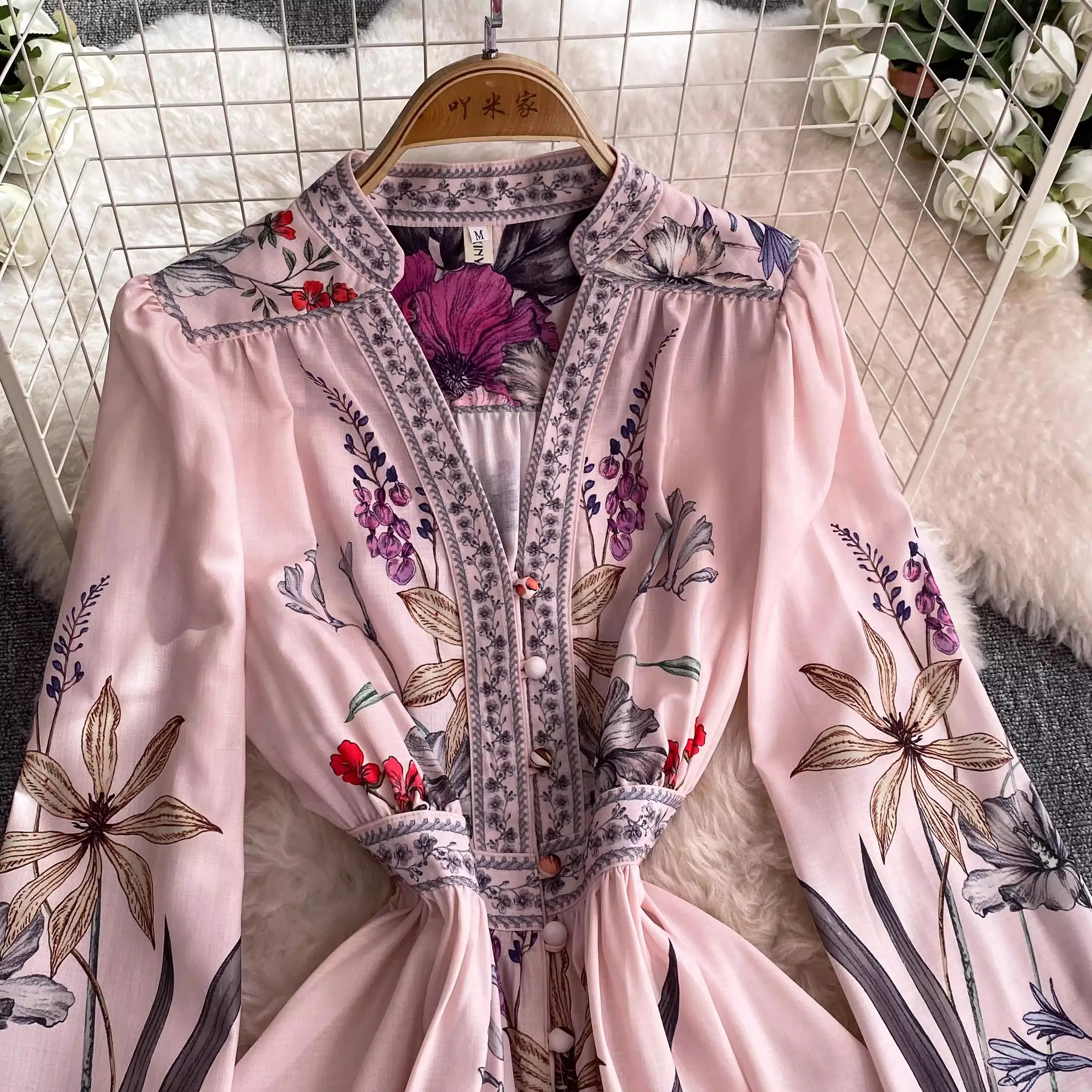 Summer Holiday Floral Print Robe Dress Long Sleeve V-Neck A-Line Belt Beach Party Vestidos Buttons Down Women Maxi Clothes