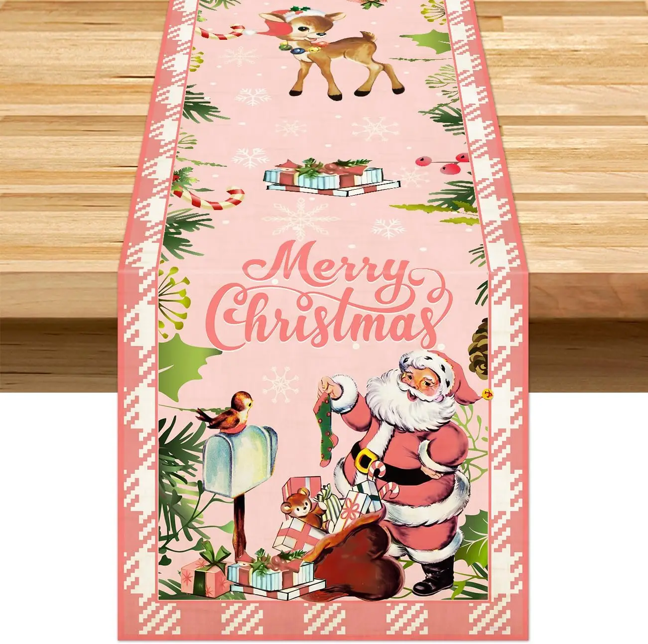 Christmas Pink Santa Claus Linen Table Runner Home Party Decor Winter Xmas Holiday Kitchen Table Runners Christmas Decorations