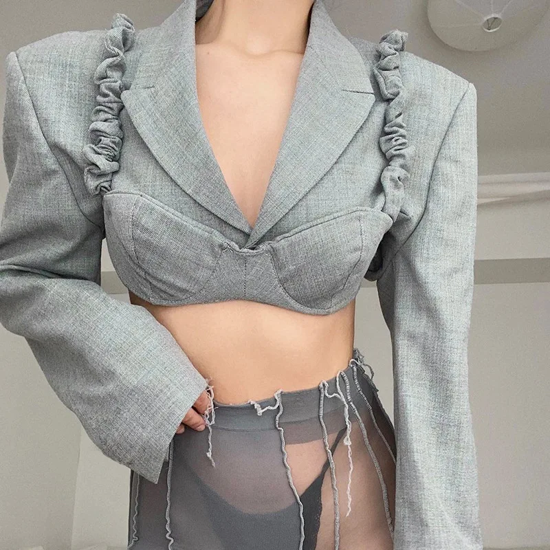 2023 Korean Fashion Sexy Cropped Blazer Women Shoulder Pads Jackets Short Long Sleeve Chic Y2k Stylish Elegant Blazers Grey