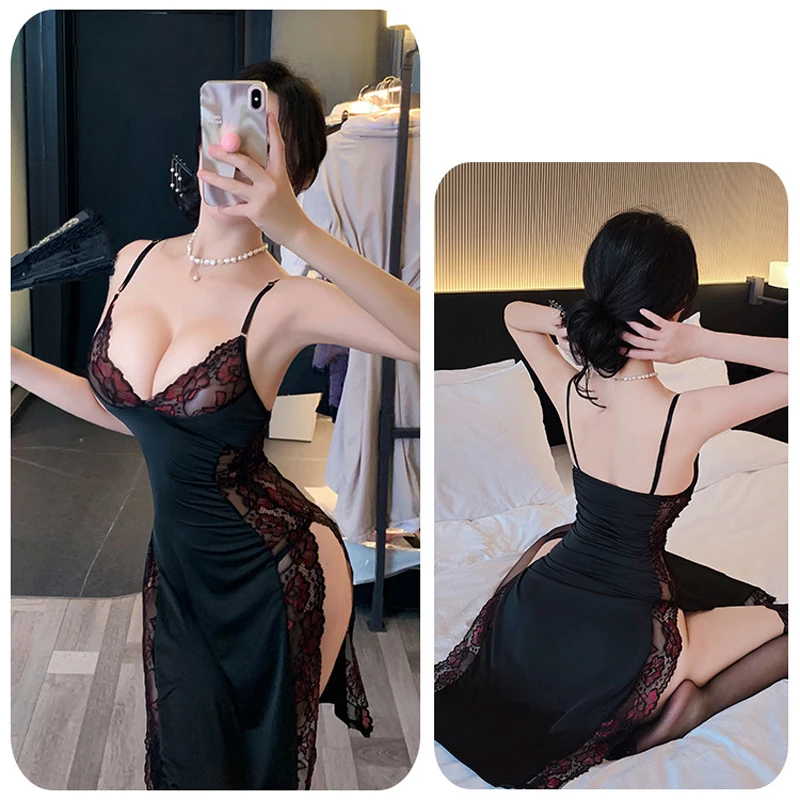Sexy Lace High Waist Slit Cheongsam Seductively Perspective Suspender Nightgown Hot Girl Sexi Lingerie Soft Comfortable Pajamas