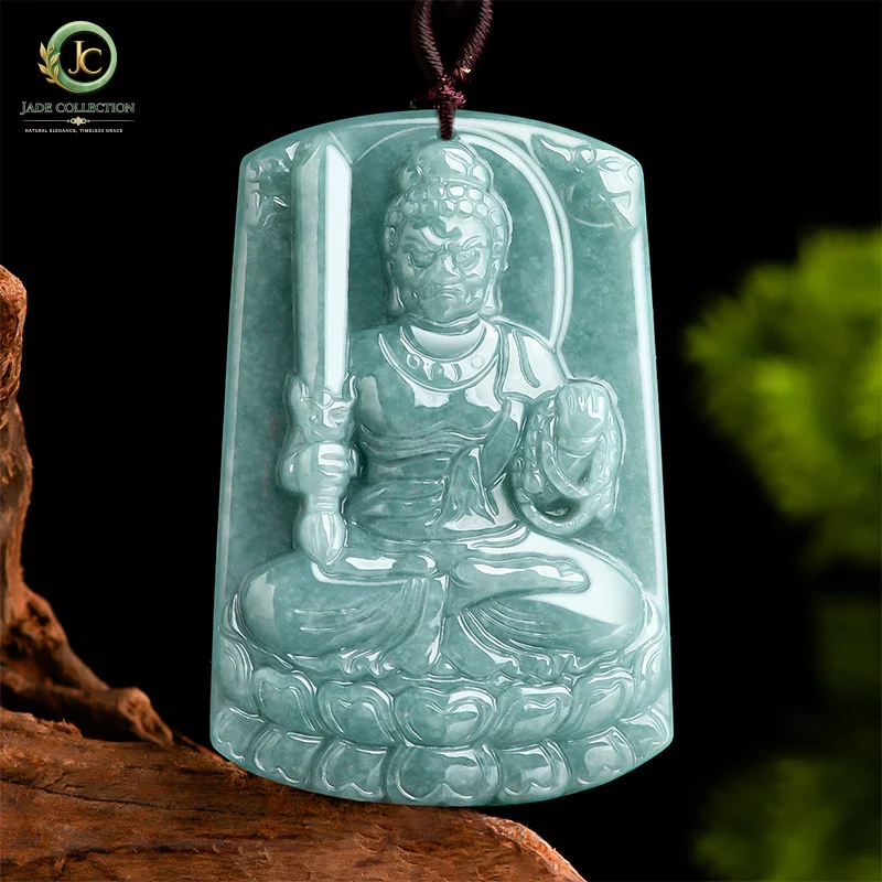 NaturalAGenuine Jadeite Fudo Myoo Blue Water Jade Pendant, Zodiac Rooster Guardian Deity, Nativally Blessed Buddha, Unisex Amule