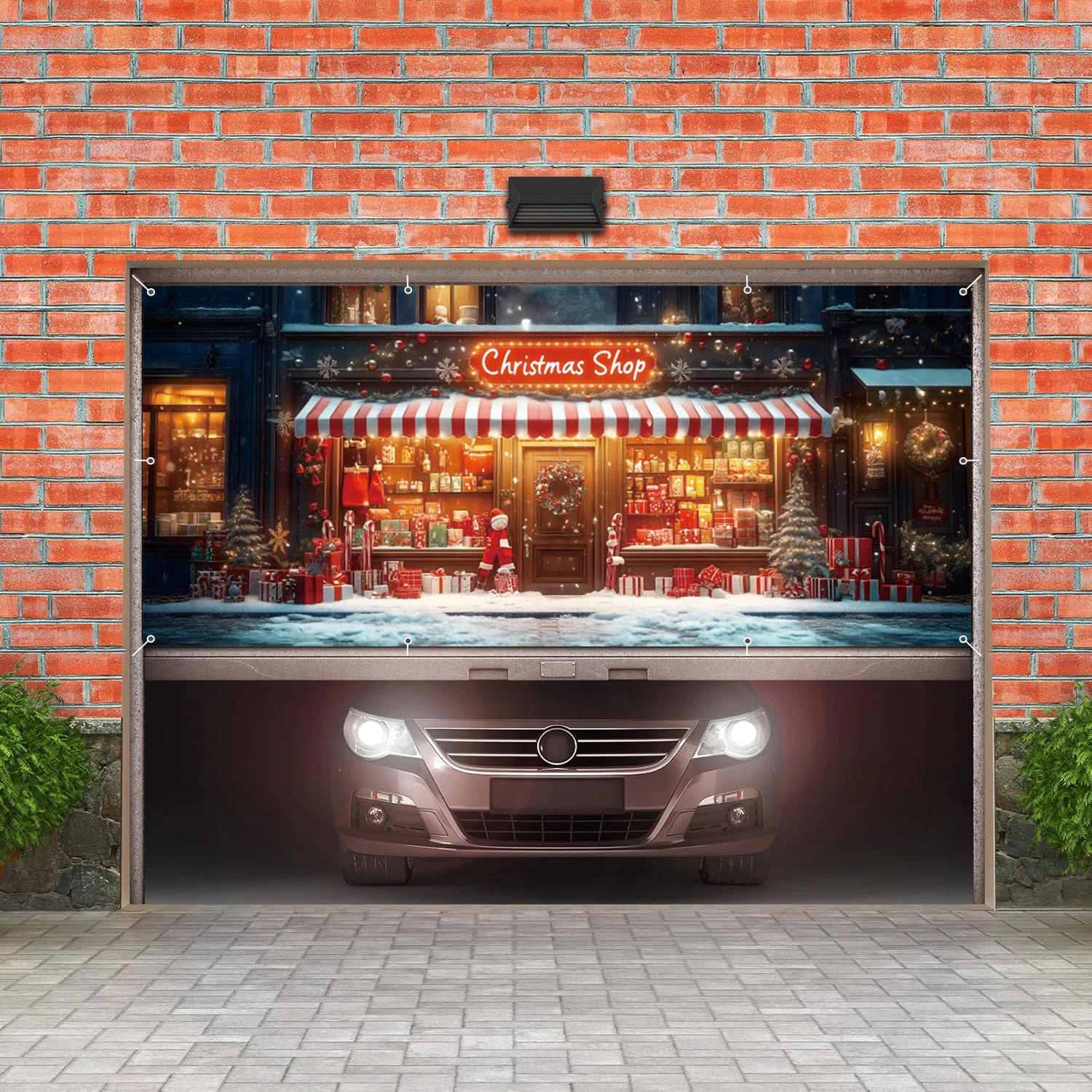 عيد الميلاد متجر المرآب جدار خلفية لافتات الشتاء بريق هدية متجر شجرة عيد الميلاد باب المرآب الإطار للديكور فناء في الهواء الطلق