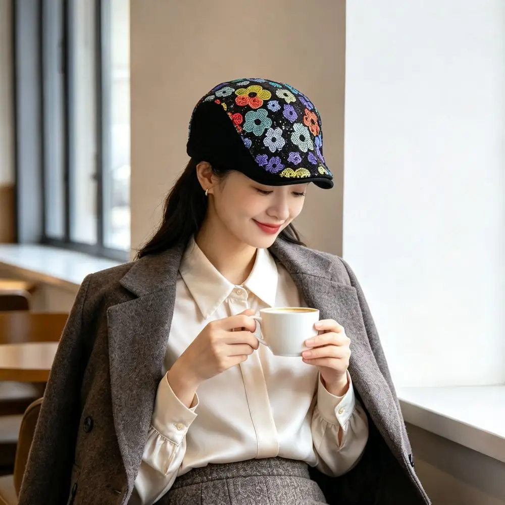 Artistic Ethnic Beret Hat Women Adjustable Newsboy Cap Vintage Sequin Flower Decorative Retro Painter Hat Winter Warm