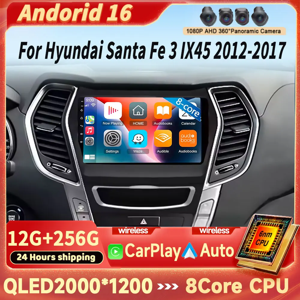 

Автомагнитола Android 16 с Carplay и Auto, 2K экран, мультимедийный плеер для Hyundai Santa Fe 3 2012-2018, GPS-стереосистема, головное устройство