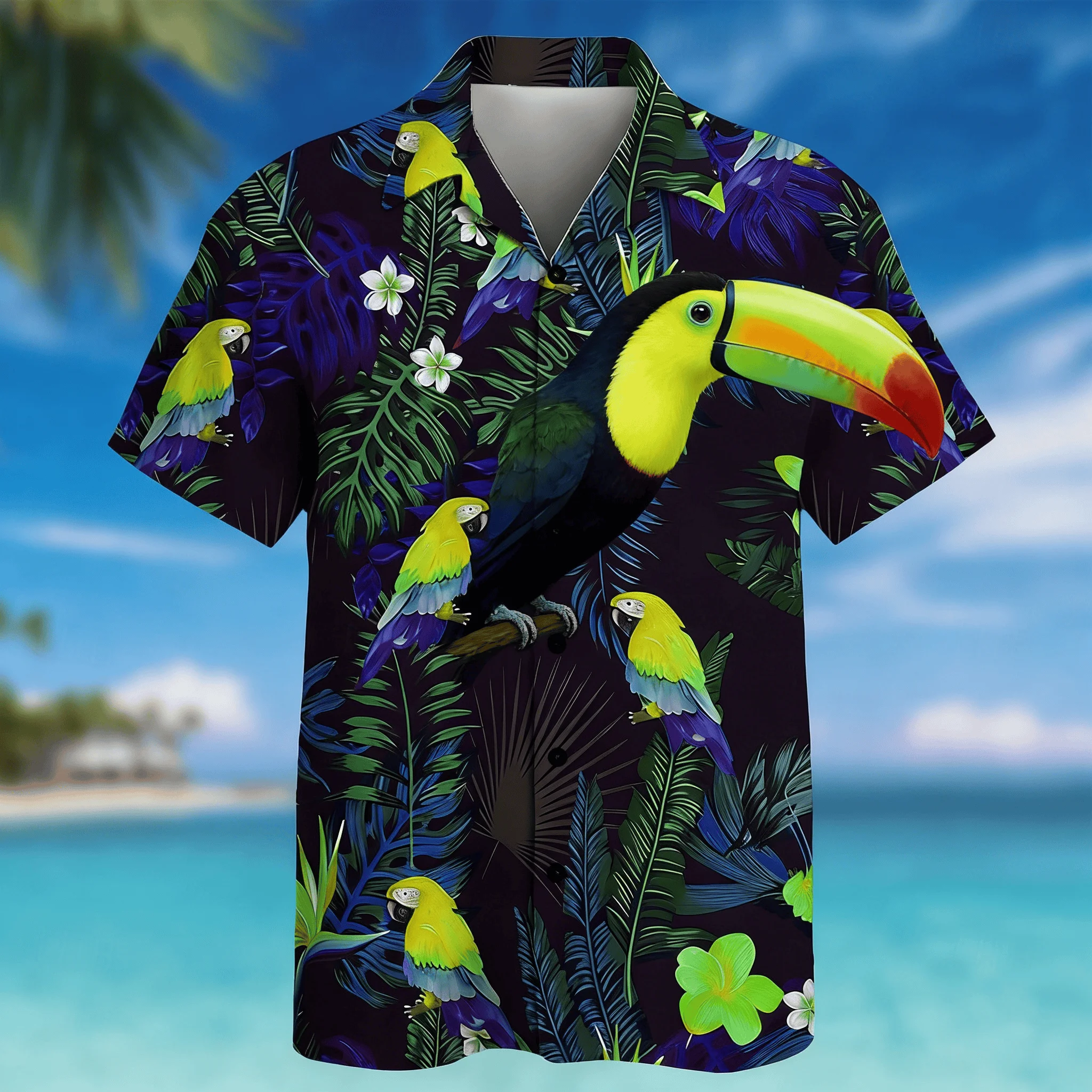 Men's Black Colorful Parrot Print Short Sleeve Shirt, Spring Summer Fantasy Tropical Vacation Casual Top, Pocket Lapel Style