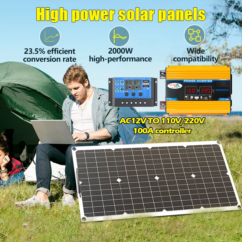 2000W Complete Solar Energy System Kit with 12V Battery Charger & 4000W Pure Sine Wave 110V/220V Inverter for Home/Outdoor