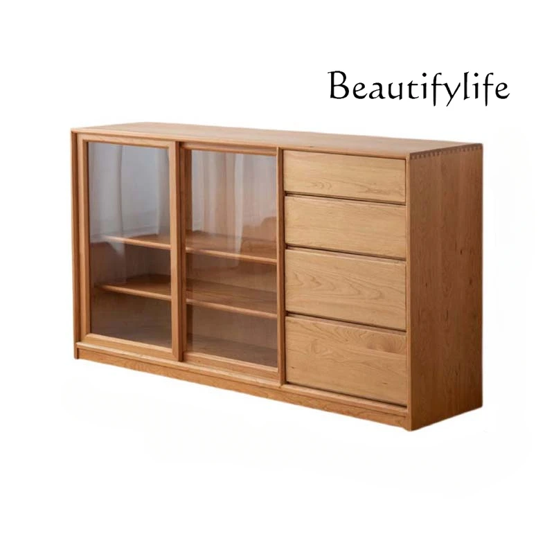 

Sideboard Cabinet Modern Minimalist Solid Wood Integrated Wall High Cabinet Glass Small Side Cabinet Narrow Locker