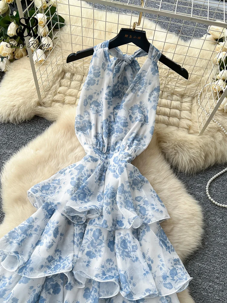 SINGREINY French Floral Party Dress Women Backless Halter V Neck Lace Up A-line… - Image 3