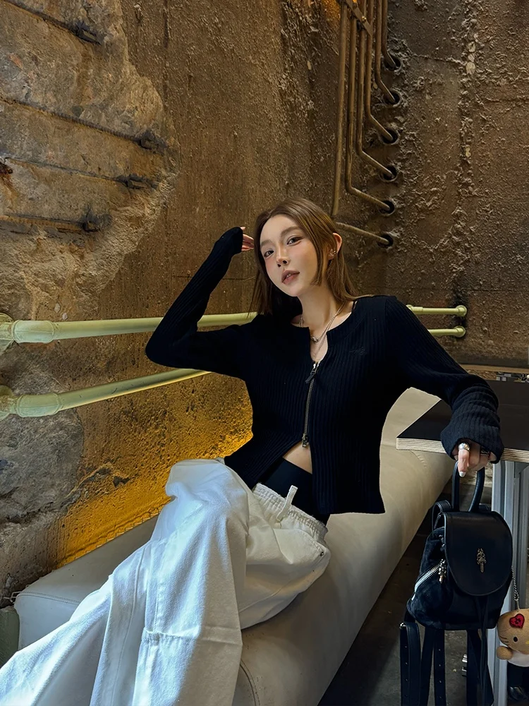 

MSKIN6 Early Autumn Elastic Slim Fit Cotton Women's Cardigan Double Zipper Versatile High-End Feel Casual Sle Regular Sve