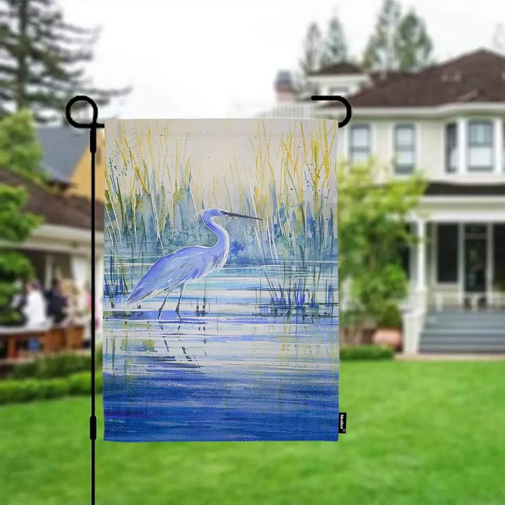 Moslion Heron Garden Flag Watercolor Blue Heron Crane Bird Animal Wildlife Leaves Water Nature Summer Seasonal Garden Flag Outdo