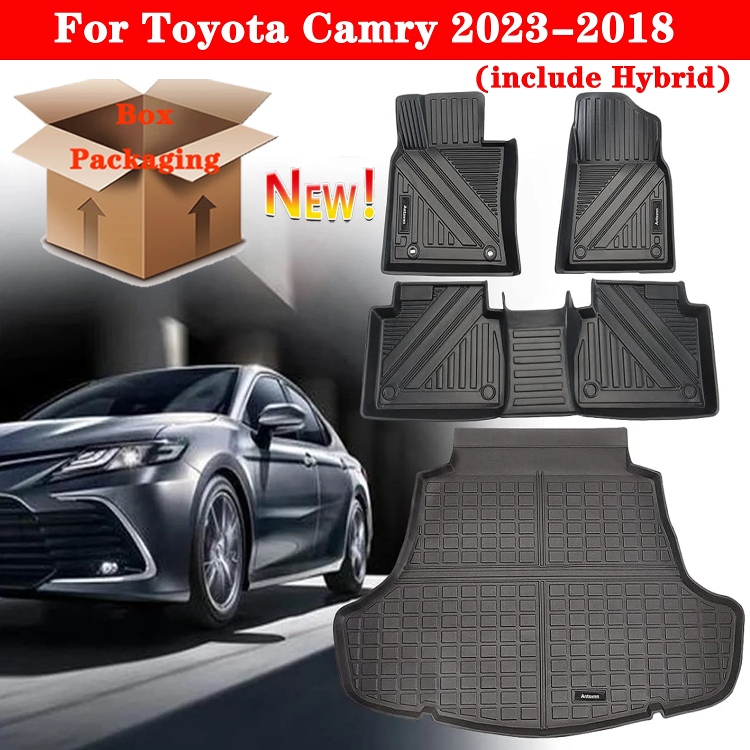 TPE Floor Mats For Toyota Camry 2018 2019 2021 2022 2023, All Weather 2 Row and Cargo Liner Rubber Floor Liners( include Hybrid)