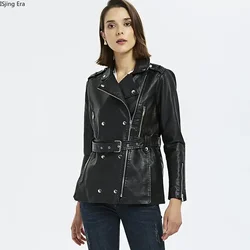 Motocicleta PU Blusão de couro com cinto para mulheres, slim fit, comprimento médio, Q16, outono, novo, 2023