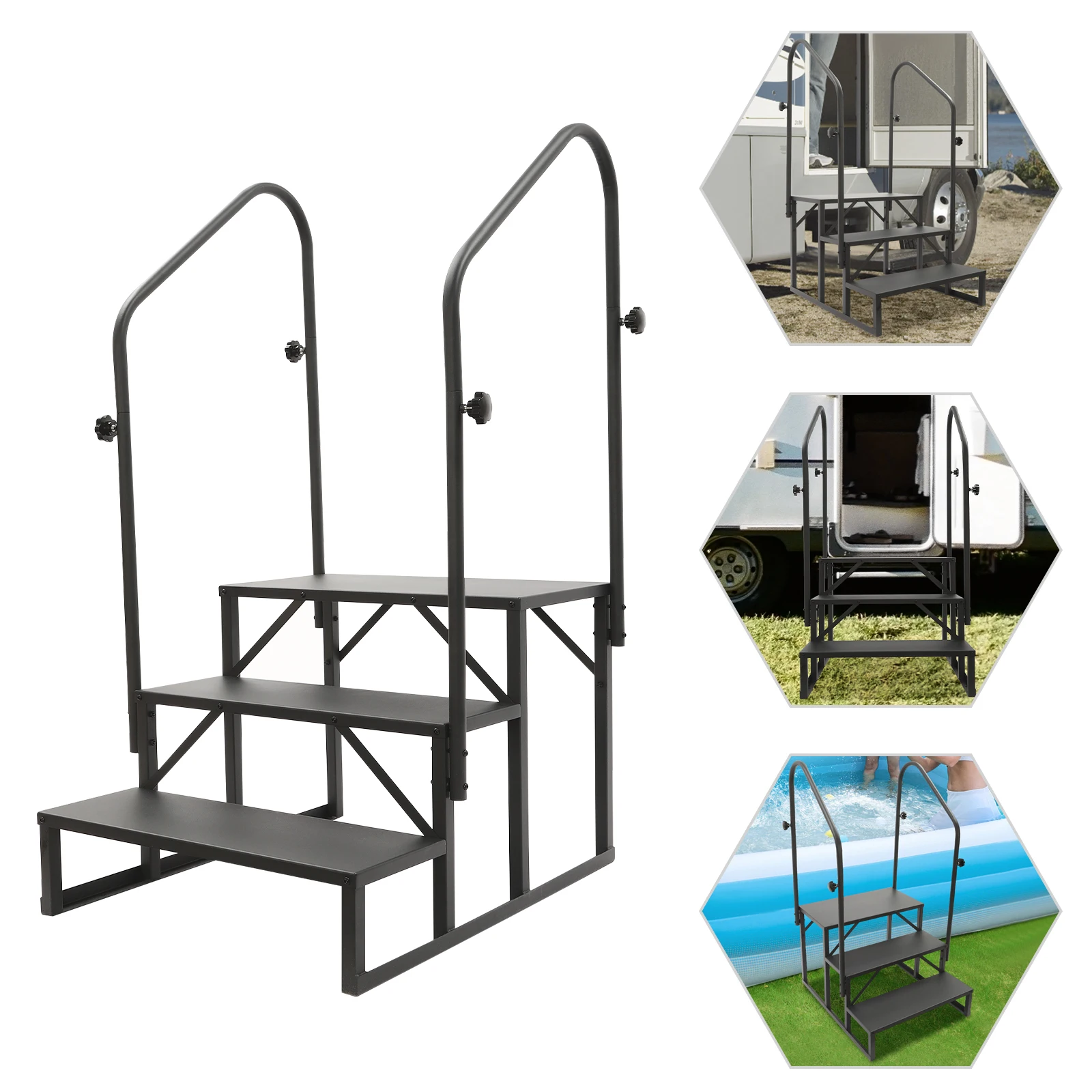 3-step Stairs Steps RV Steps with Handrail Stairs Steps for Home RV Camper Porch Q235 Steel Easy Installation