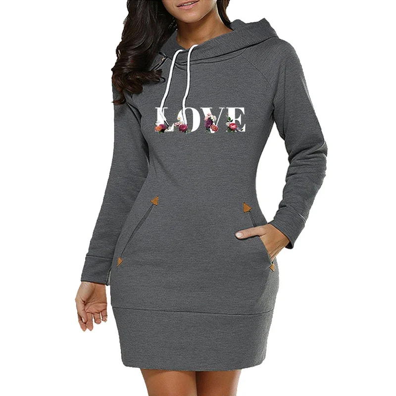 LOVE Letter Printing Womens Dress Fashion Knee-Length Hooded Frock Side Zip Neckline Sports Autumn Warm Fleece DailyCasual Skirt