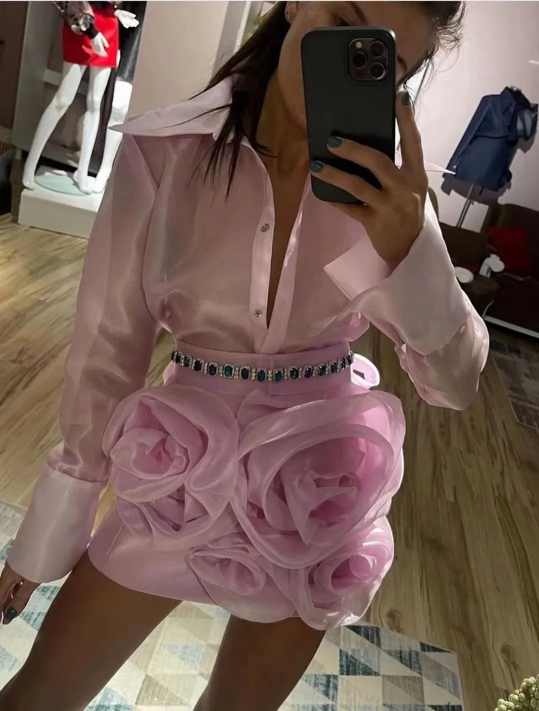 Floria 2 Pieces Set Pink Short Prom Dress Women Lapel Long Sleeve Shirt and High Waist Spliced Appliques Chic Beading Skirt G763