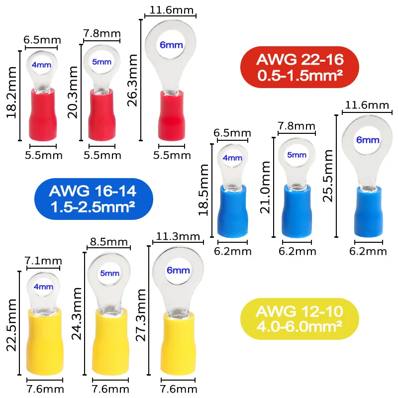 50 pièces cosses à sertir à anneau connecteurs de fils électriques M4/M5/M6 cosses de virole d\'isolation câbles d\'épissure rapide pour vis de