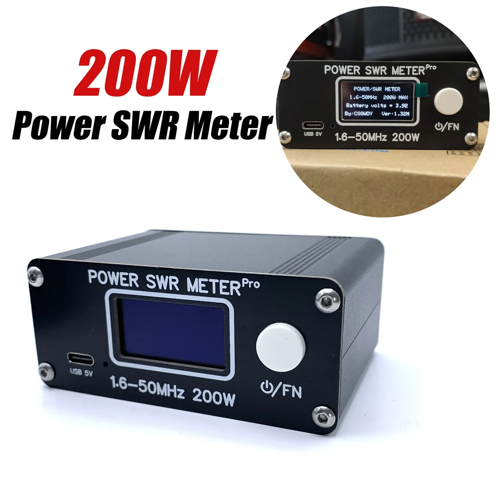 200W Power SWR Meter 1.6-50MHz 0.5W HF Shortwave Power SWR Meter Pro HF PWR SWR Meter with 1.29 Inch OLED + 50 hours Battery