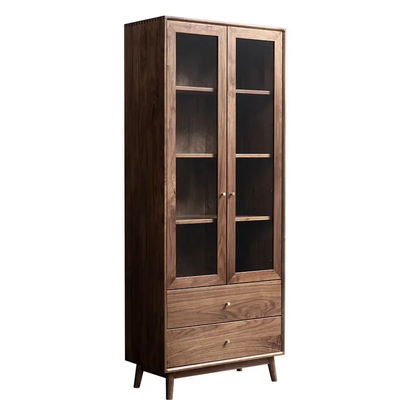 

Nordic all solid wood bookshelf, bookcase with glass door black walnut, bookcase log dust storage cabinet
