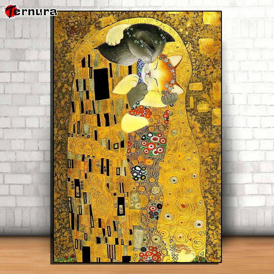 5D Full square drill Famous paintings and cats diamond embroidery Cat kiss cross stitch diamond mosaic pattern rhinestones Decor