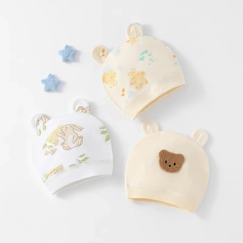 New 2024 Soft Infant Beanies Caps Baby Hat Cartoon Bear Boneless Muslin Hat Newborn Headwear Windproof Spring Hat 0-3M Baby Hats