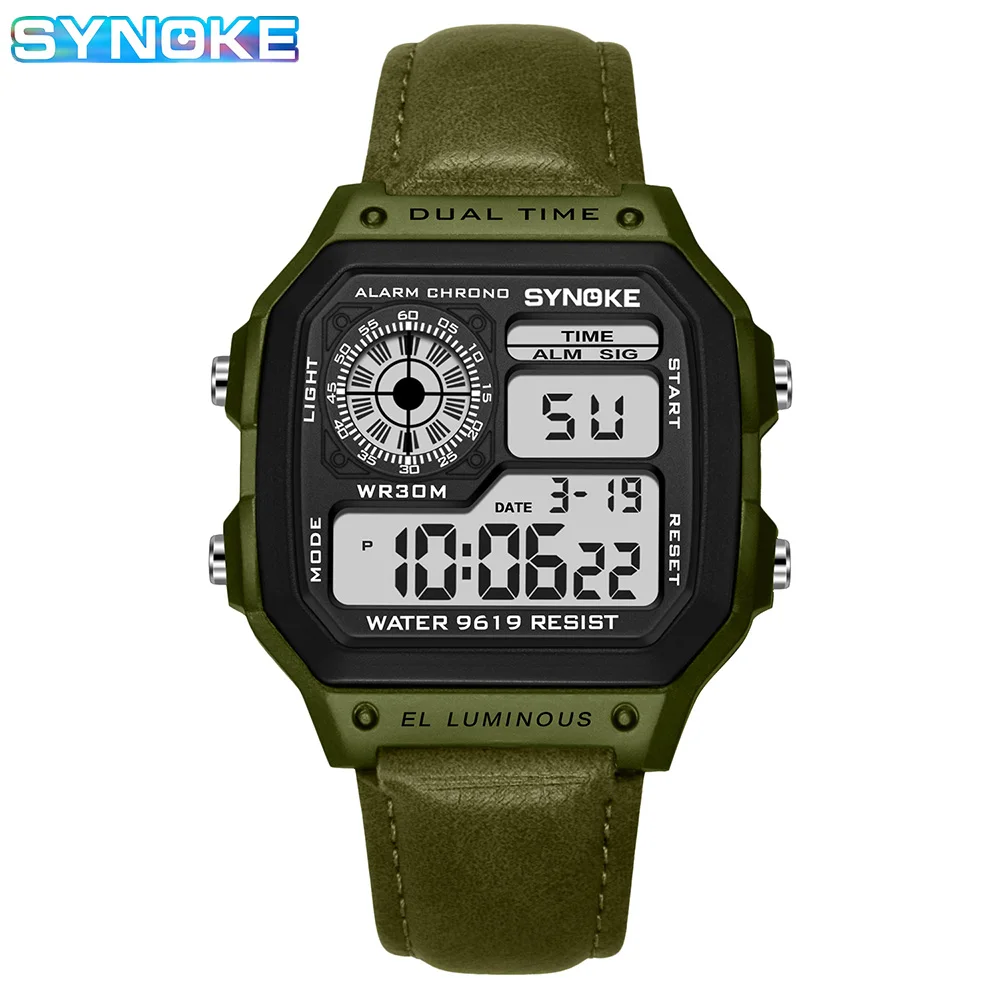 SYNOKE Digital Watches Men Sports Luminous Multifunction Waterproof watch Outdoor and Running Leather wristwatch Retro Fashion