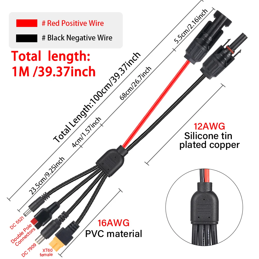 4 In 1 Solar Panel Connector XT60 DC5521 DC7909 Bipolar Link Wire 1M 3M 12AWG Silicone Tinned Copper Solar Charging Cable