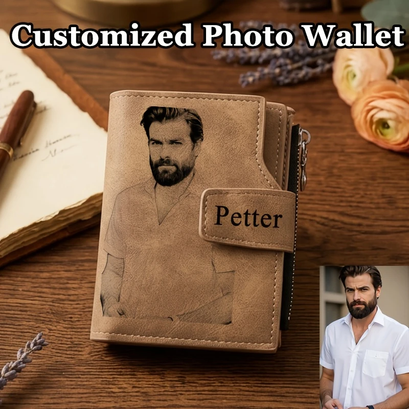 Custom Photo Name Wallet Men Card Holder Personalized Purse Anniversary Birthday Gifts for Men Gift for Husband Father's Day