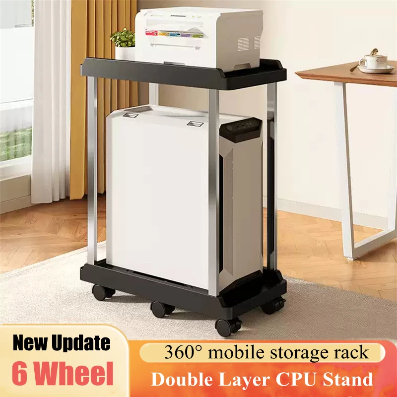 Mobile CPU Stand with 4/6 Wheel Computer Host Bracket Double-Layer For Home Office Floor Mobile A4 Printer Integrated Shelf