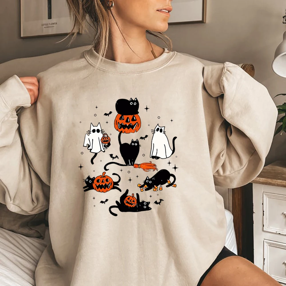 Cute Halloween Ghost Boo Cat Sweatshirt Halloween Cat Shirt Halloween Pumpkin Cat Sweater Autumn Long Sleeves Sweatshirt