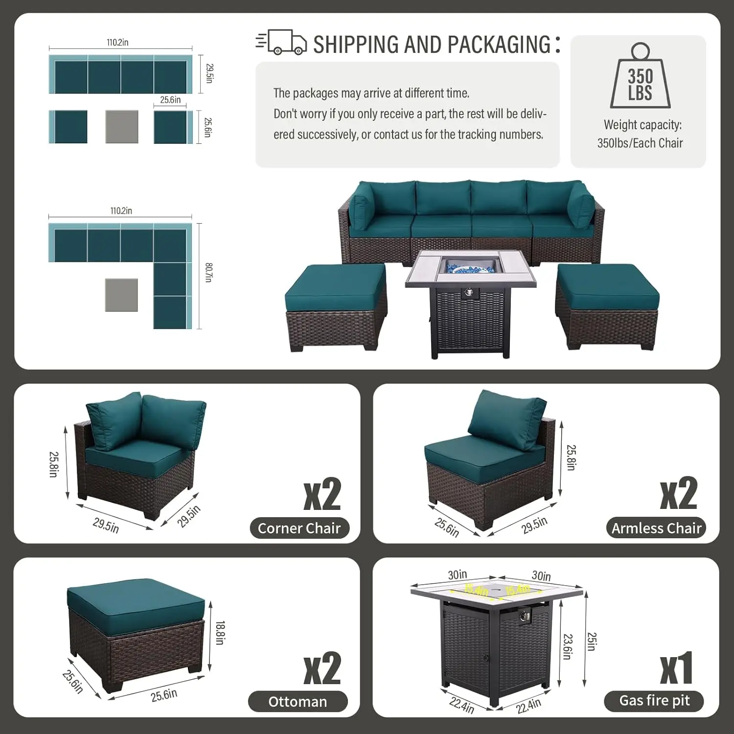 Outdoor Patio Dark Brown Rattan 7 Piece Sectional Furniture Set Pe Wicker Conversation Sofa With Gas Fire Pit Square Steel